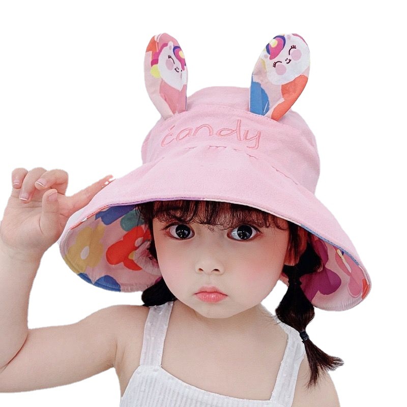 Picture of Cute Super Cute Girls' Big Brim Sunscreen Fisherman Hat Summer Sunshade Children's Empty Top Hat Fashionable Outdoor Baby Sun Hat