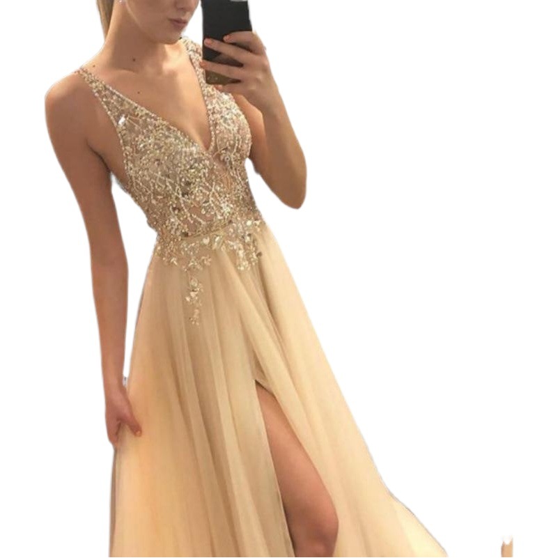 Shiny Evening Dress2025 European and American Summer Gold V Neck Splicing Dress Party Evening Dress