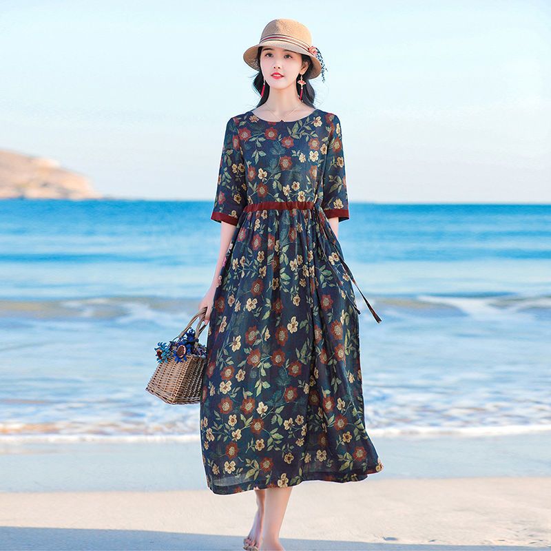 2024 Summer New Loose Slimming Lace-up Waist Elegant Long Dress Round Neck Short Sleeve Printed Stitching Dress for Women