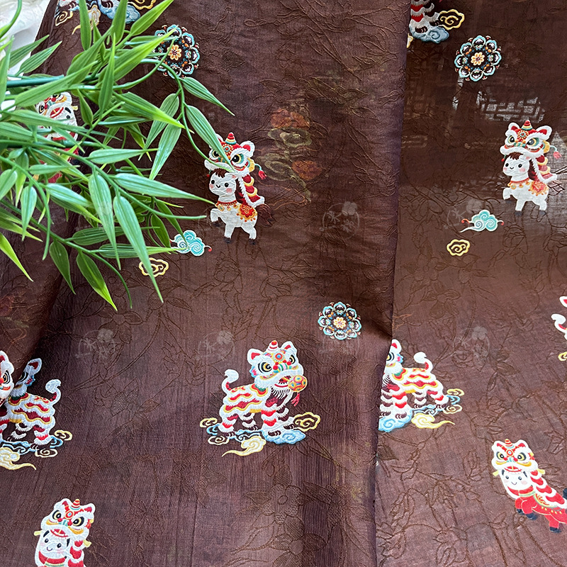 Lion Awakening and Cloud New Chinese National Style Handmade DIY Hanfu Qipao Dress Fabric Tencel Jacquard Fabric