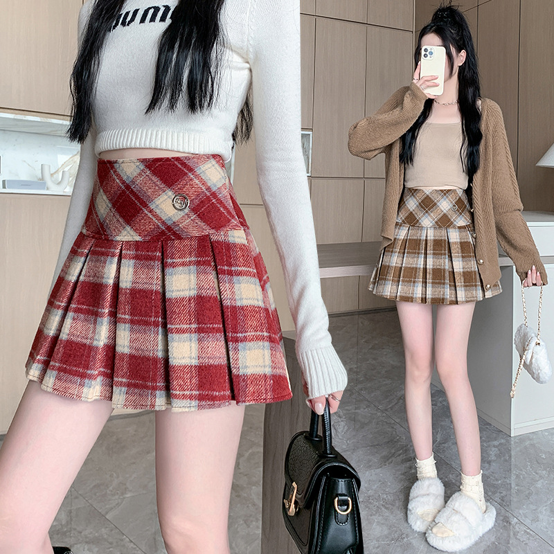 Real Shot College Style Woolen Plaid Skirt Women's Autumn and Winter Hot Girls High Waist Skirt Pleated Skirt