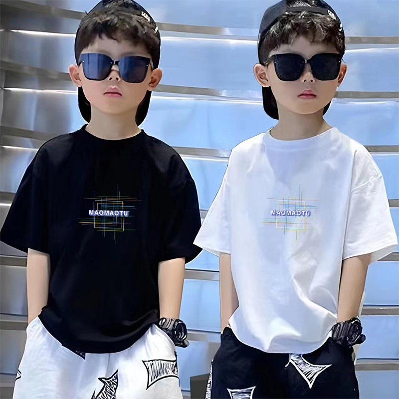 Boys' Short-sleeved T-shirt Summer 2024 New Style Fashionable Handsome Cotton Children's Summer White Fashionable T-shirt