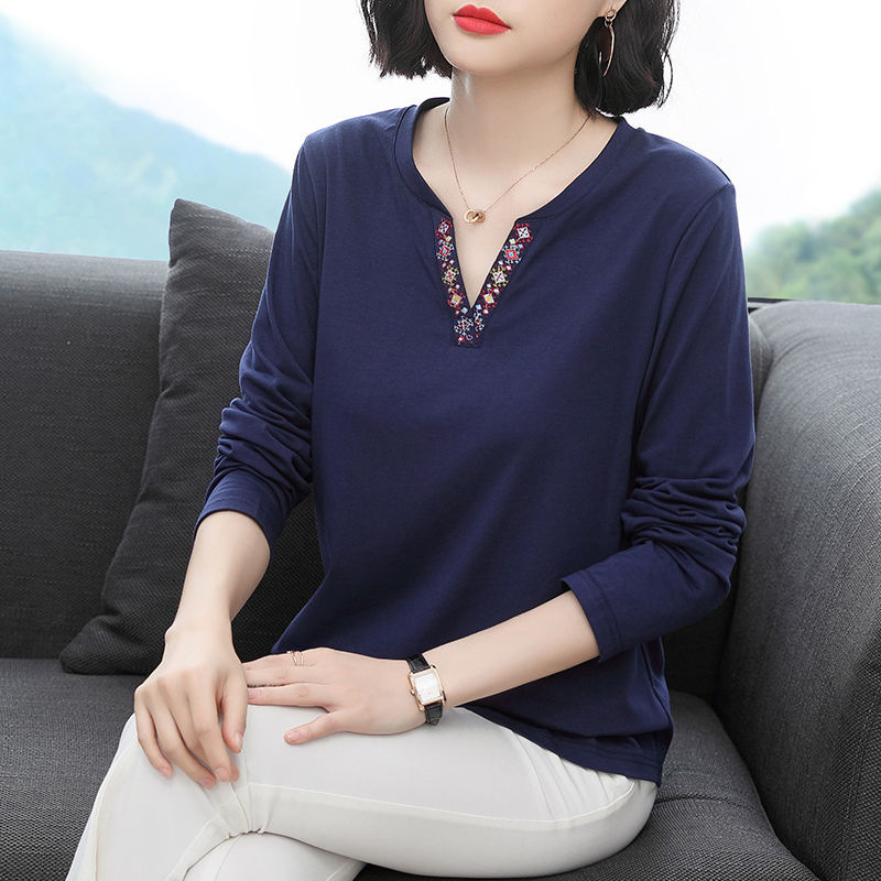 2025 New Autum Women's Tops Large Size Loose Elegant Long-Sleeved T-Shirt Women's Early Autum Middle-Aged Mother's Bottoming Shirt