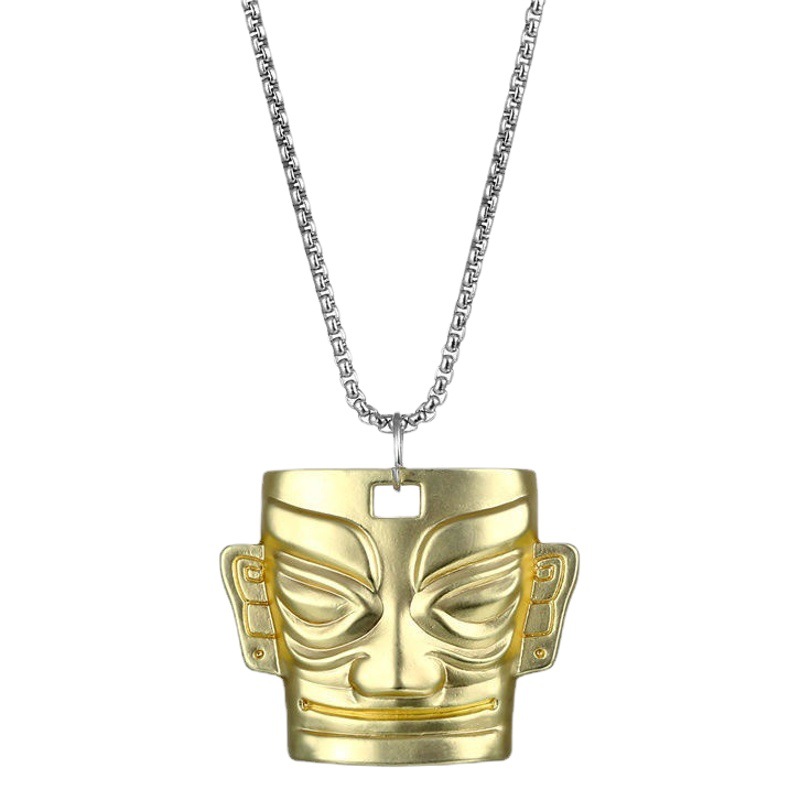 Ins National Trend Retro Sanxingdui Mask Gold Pendant Necklace for Men and Women Hip-Hop Cool Trendy Fashion Sweater Chain
