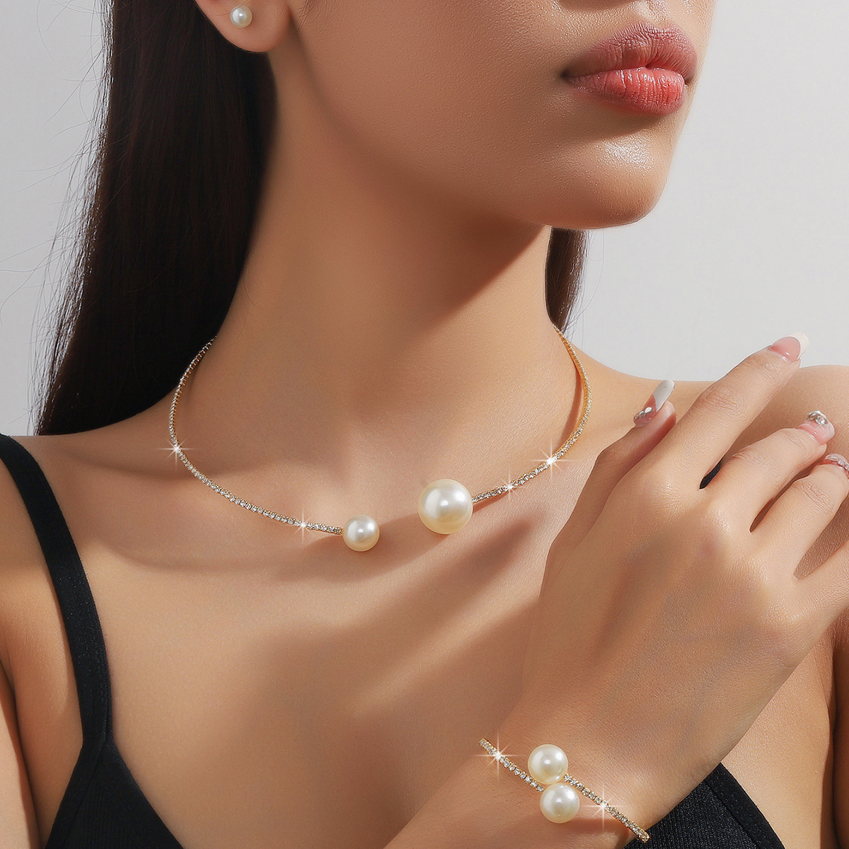Wedding Jewelry Evening Dress Simple Accessories Pearl Diamond Crystal Adjustable Collar Necklace Bracelet Three-piece Set