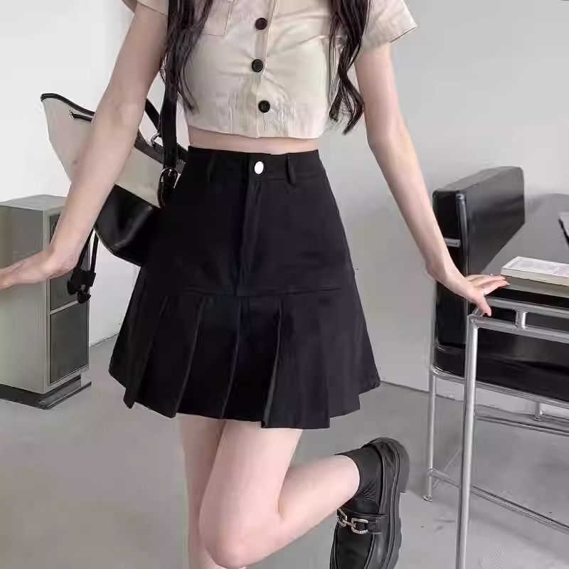 Black High Waist Skirt Women's 2025 Summer Hip A- Line Skirt New Slim Look All-Match plus size Pleated Skirt