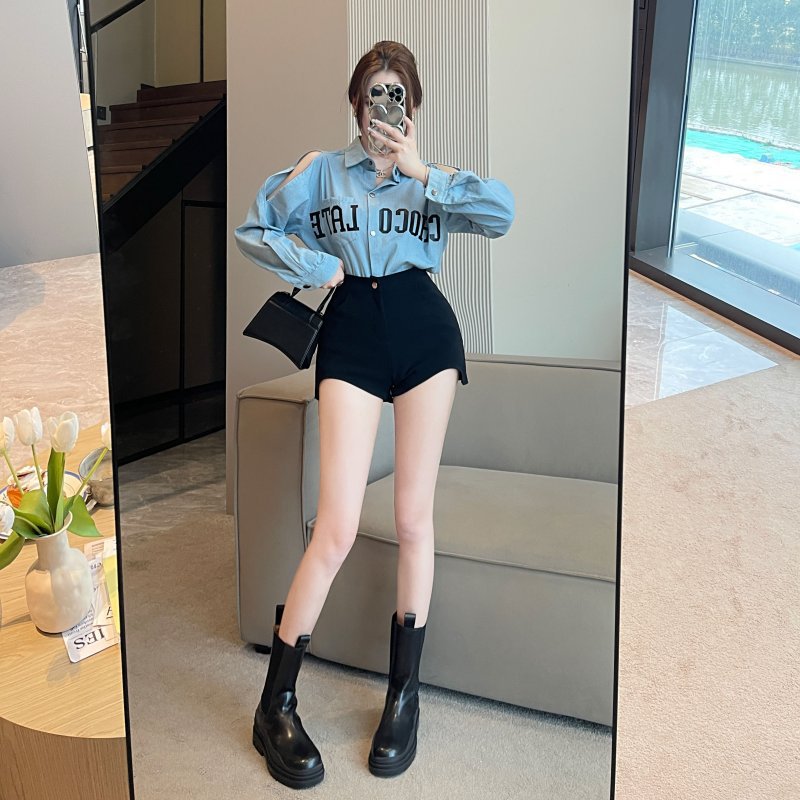 Picture of High Waist Shorts Women's Outer Wearing Spring 2023 New Black A- Shaped Super High Waist Wide Leg Slimming Casual Hot Pants ins Trendy