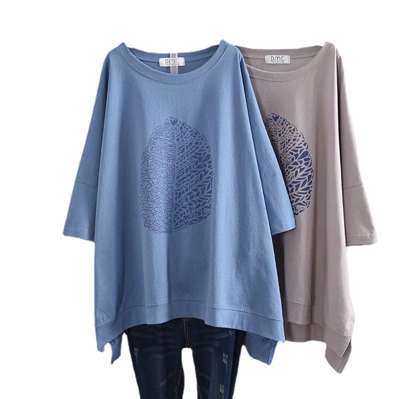 Picture of 100kg Plus Size Women's Summer Leaf Print Casual Slit Mid-Length Short Sleeve T-Shirt Loose Oversized Style
