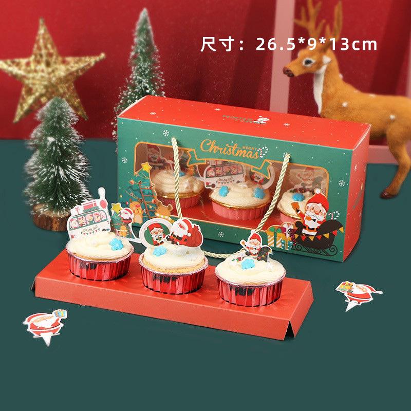 3-piece paper cup cake box Christmas cupcake packing box Christmas Eve portable window muffin box handmade gift