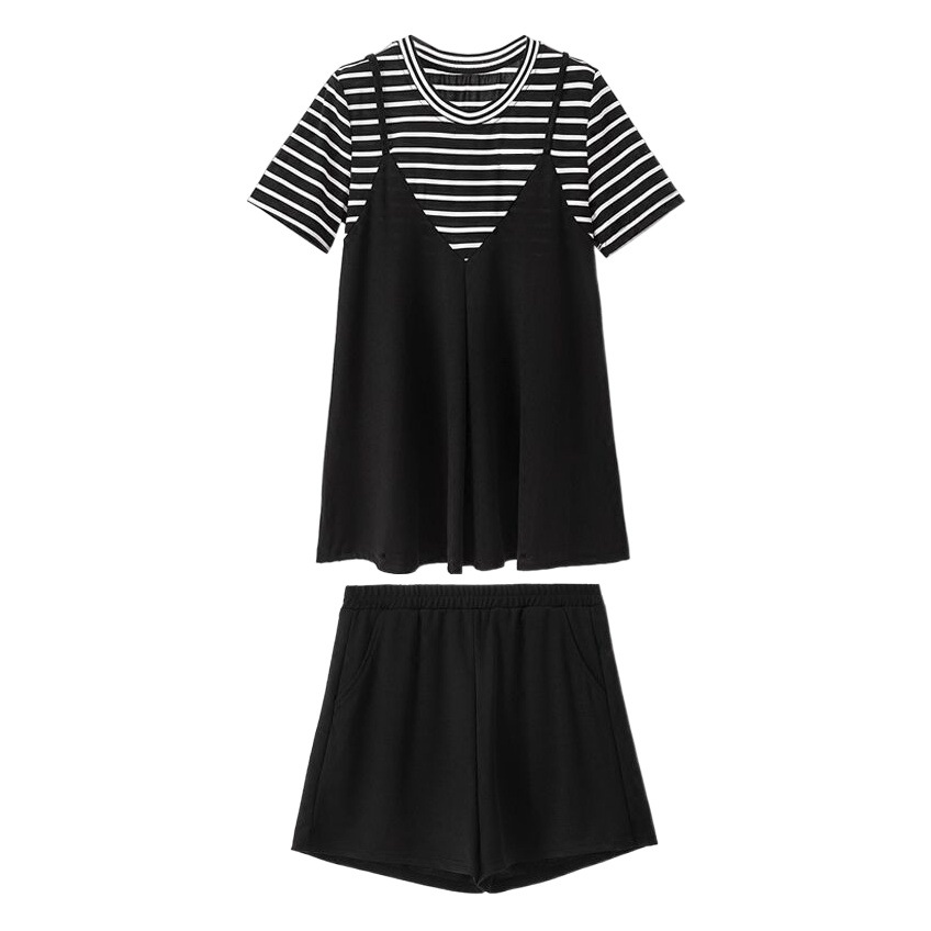 Foreign trade women's clothing plus size chubby girl Summer new striped short sleeve belly covering fashion loose shorts two