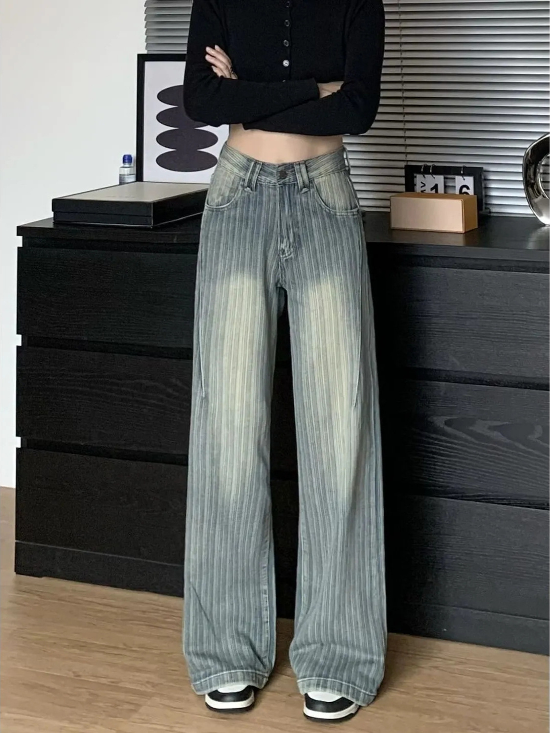 Striped Design Jeans Women's Autumn 2024 New Low Waist Slimming American Style Retro All-match Straight Leg Wide Leg Pants