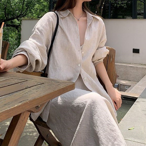 Picture of Casual suit Women's 2025 Fashion Lapel Loose Long-sleeved Shirt Spring and Autumn All-match Half-length Dress Two-piece Set