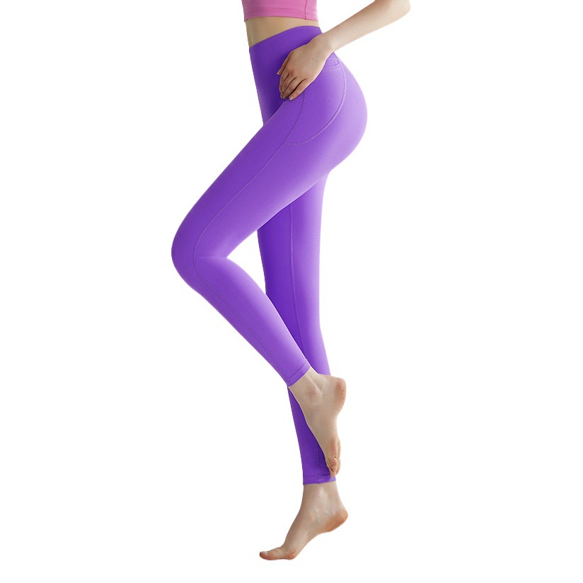 Chanton Lycra yoga pants women's outer wear no embarrassment line Hong Kong high waist hip lifting belly contracting side pocket sports fitness pants