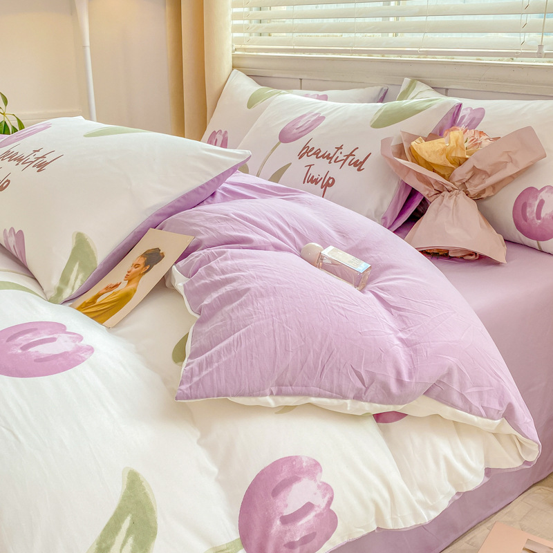 Picture of Small fresh class a 100 wash cotton four-piece set sanding cotton full quilt cover single bed hat student dormitory three or four-piece set