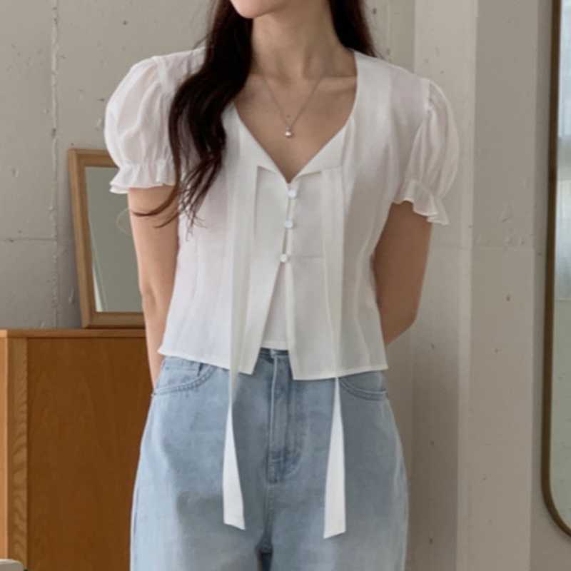 Summer Korean Chic Elegant Flutter Collar Button-Down Simple Slim Short-Sleeved Shirt Tops for Women