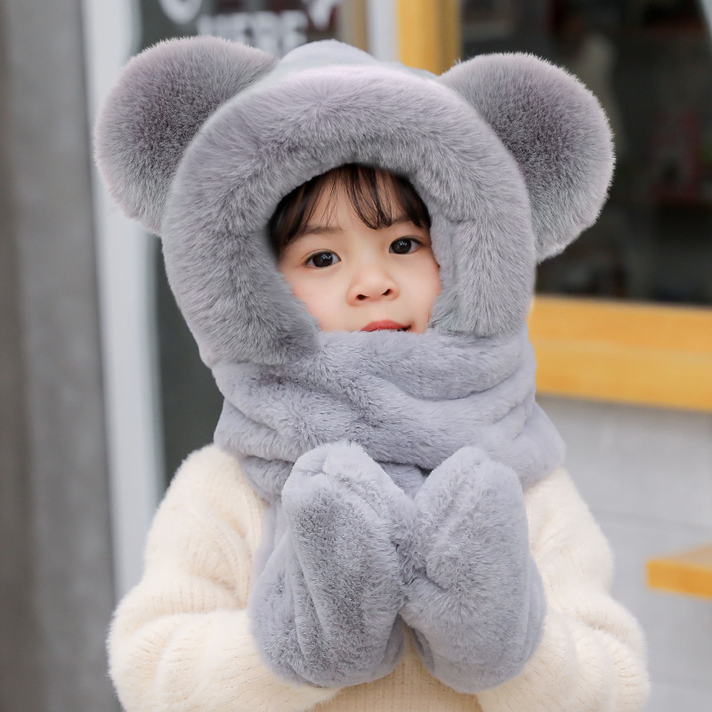 Picture of Children's hat winter boys and girls fleece-lined bear cute ear cap scarf gloves one-piece thick warm three-piece set