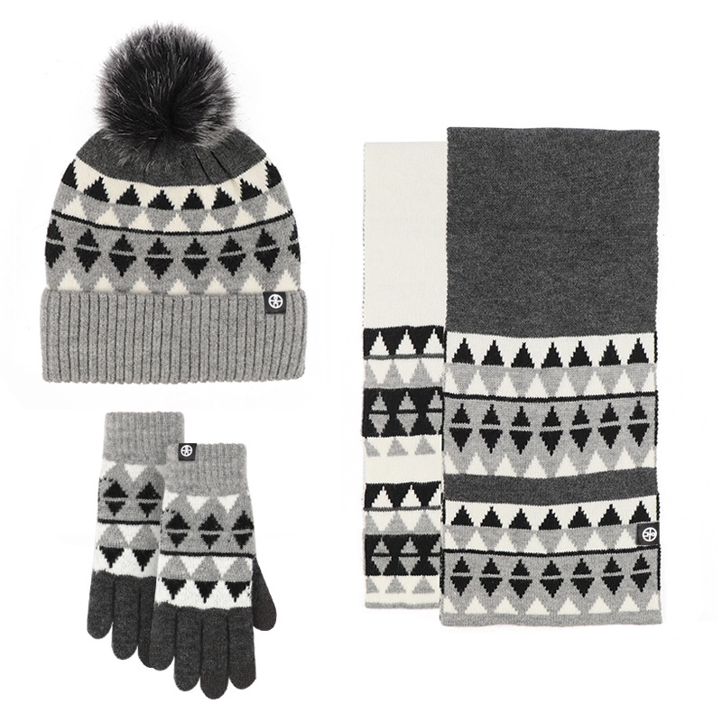 Picture of Winter New Product Japanese Style Knitted Gloves, Scarf and Hat Three-Piece Set Wool Warm and Cold-Proof Fur Ball Scarf Three-Piece Set