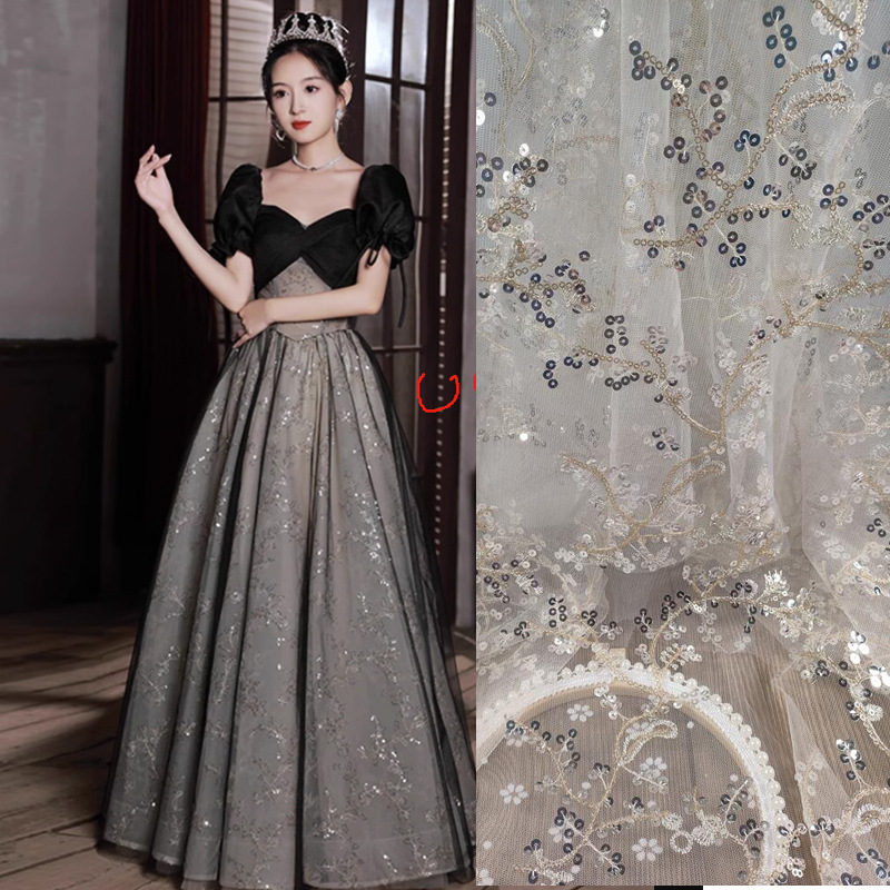 New simple modern lace embroidery branch pattern beaded sequins wedding dress fabric transparent mesh