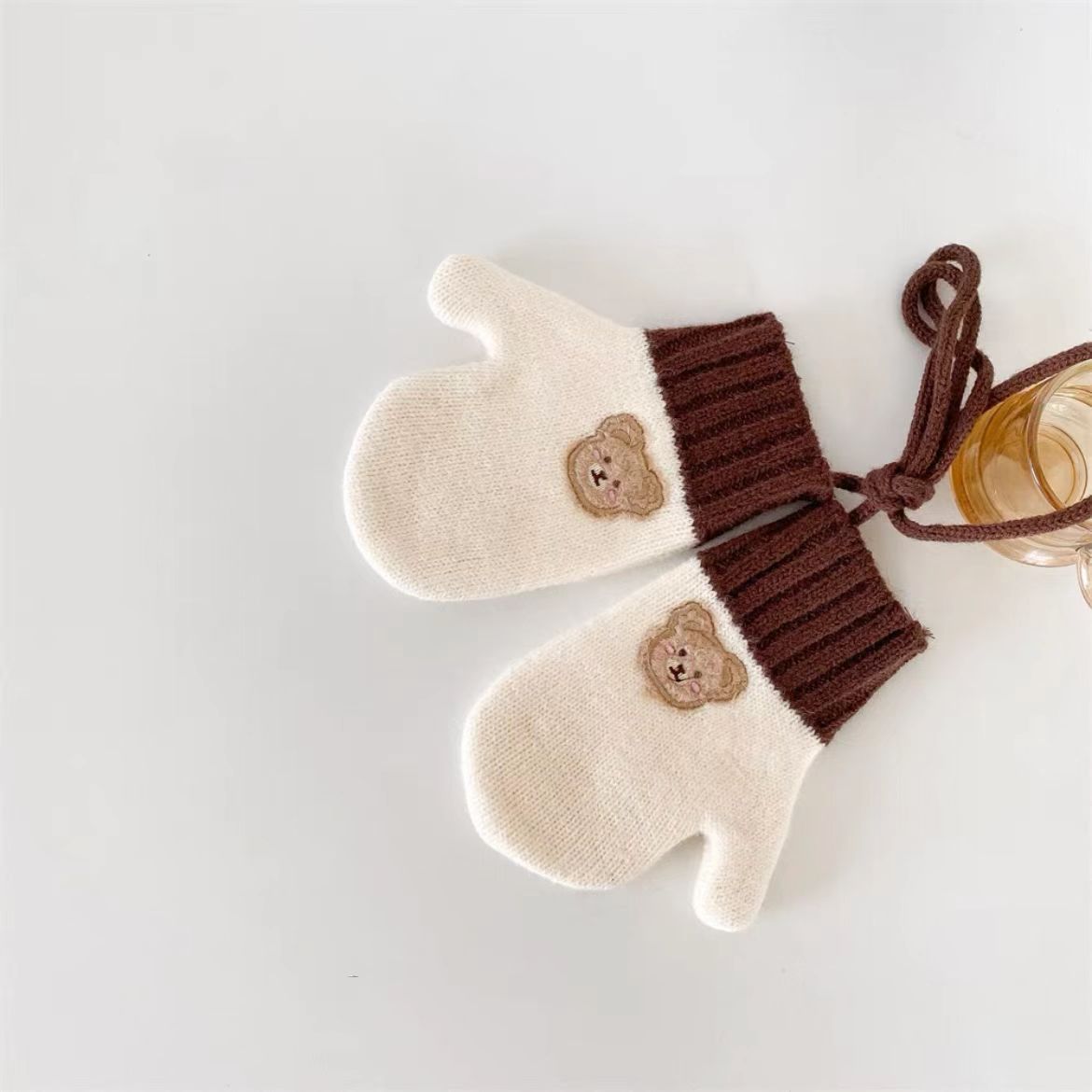 Picture of Children's Woolen Scarf Korean Style Color-Blocked Stripesd Knitted Embroidered Korean Bear Cute Woolen Scarf for Boys and Girls