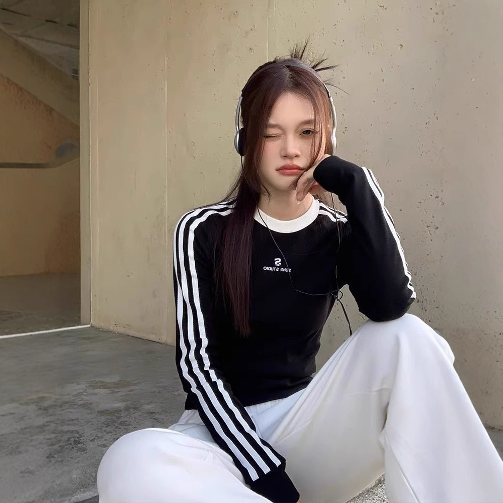 Shoulder Black Striped Cotton Shoulder Long-Sleeved T-Shirt Women's Autumn Design Sense Slim-Fit Inner Base Shirt Top Ins