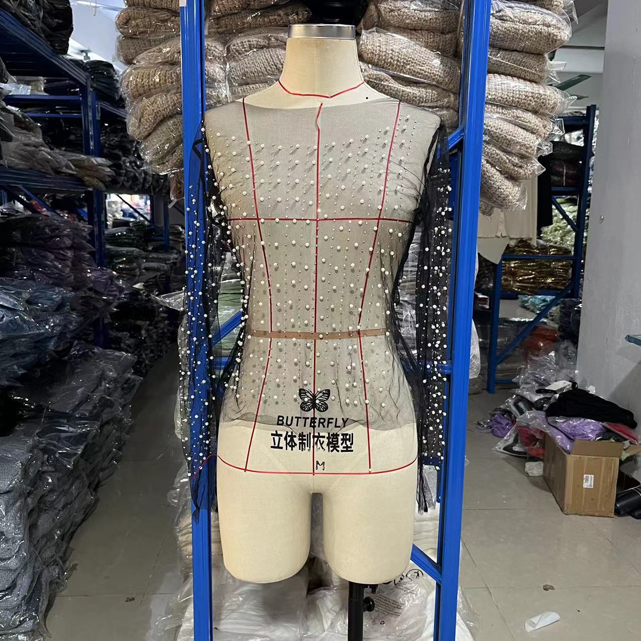 Picture of 2023 AliExpress Amazon spring and summer new hot rhinestone Pearl top elastic round neck mesh slimming heavy work transparent