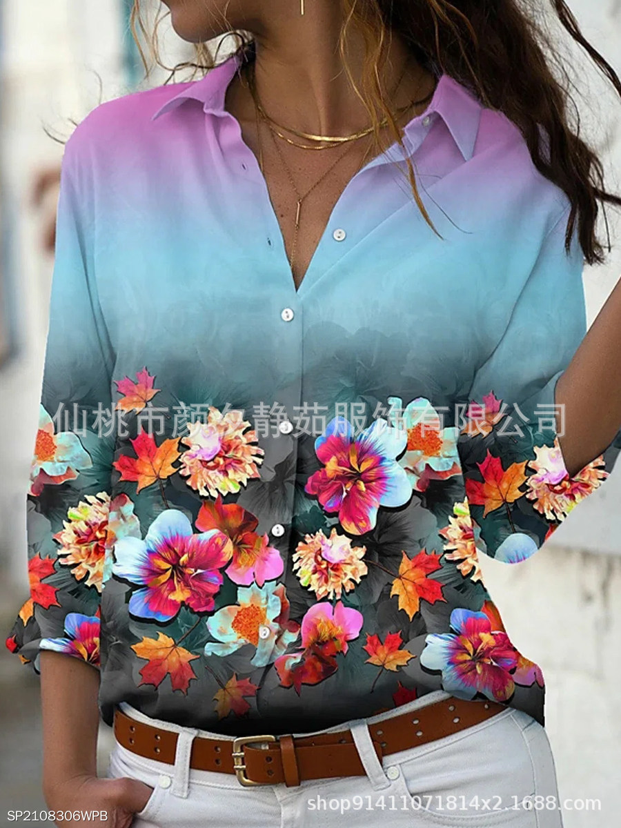 Picture of 2022 New Foreign Trade Women's AliExpress Spring Long Sleeve Shirt Fashion plus size Printed Top