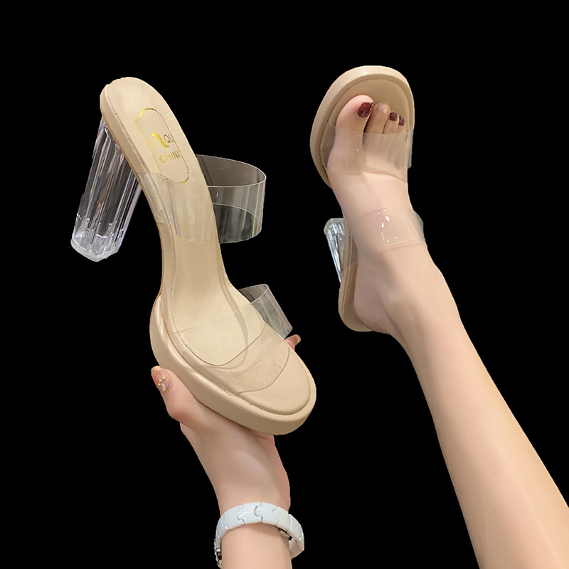 Picture of High-heeled slippers women's 2023 Summer new style one-word belt PVC outerwear fashion Crystal slipers ladies