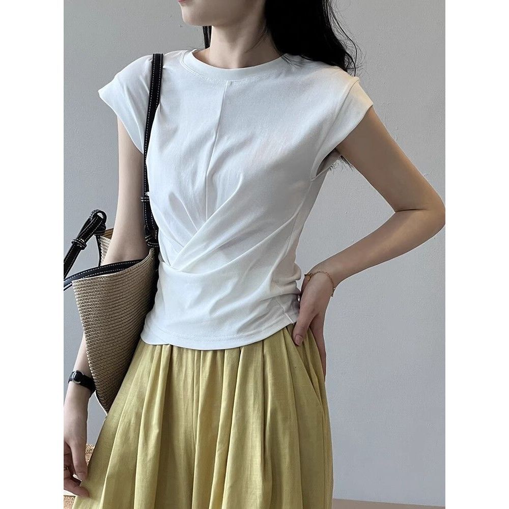 Picture of Designed Cross-Waist Asymmetrical Small Flying Sleeve T-Shirt for Women Summer New Pleated Slim Short Modal Top