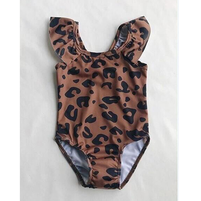 Girls and Kidsren European and American Leopard Pattern Swimwear Small Flying Sleeves One-piece Swimsuit Swimsuit Kidsren's Clothing ins