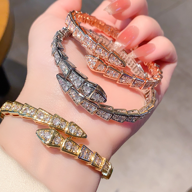Picture of Factory direct thick gold spring full diamond snake bracelet women 18 rose gold open jewelry snake bone bracelet second generation hair