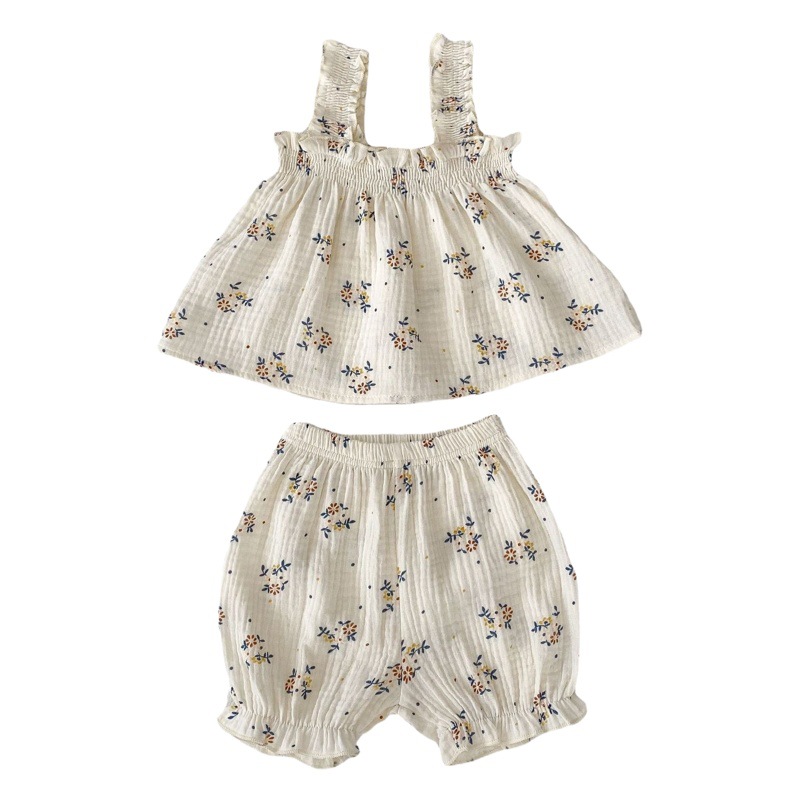 Summer Suspender Suit for 0-3 Year Old Baby Girl, Stylish Floral Double-Layer Gauze Top, Lantern Shorts, Two-Piece Set for Girls