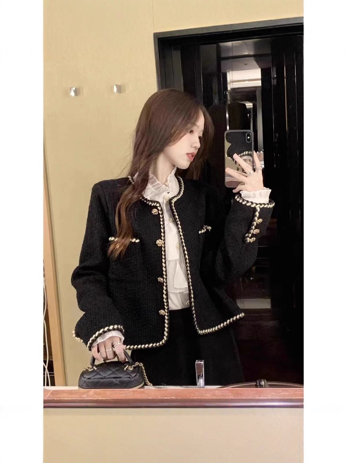Rich daughter French small fragrance black suit short jacket women's spring and autumn high-end temperament top small man