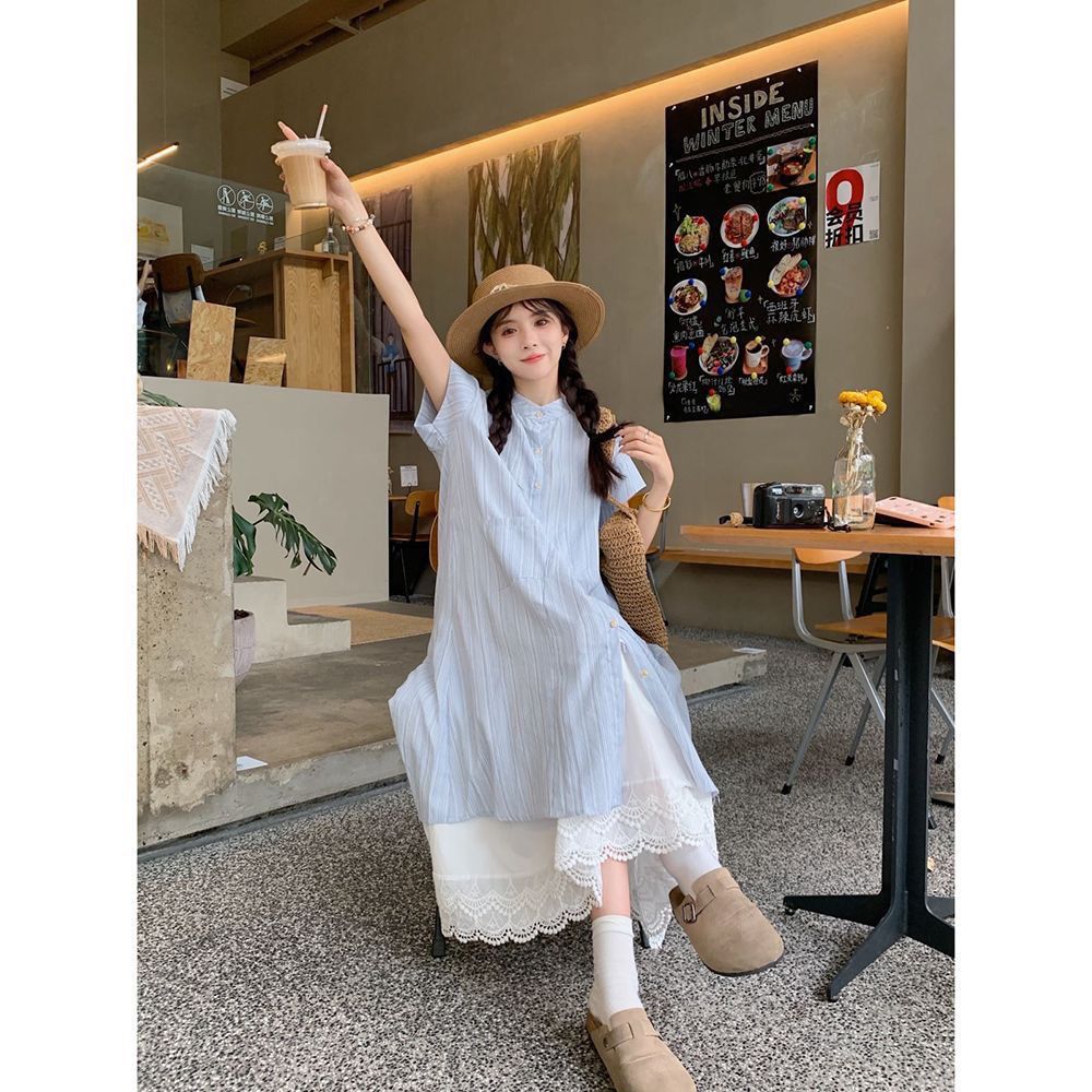 Picture of Blue Stripesd Short-Sleeved Shirt Dress for Women Summer 2025 New Korean Style Loose Mid-Length Stacked Two-Piece Set