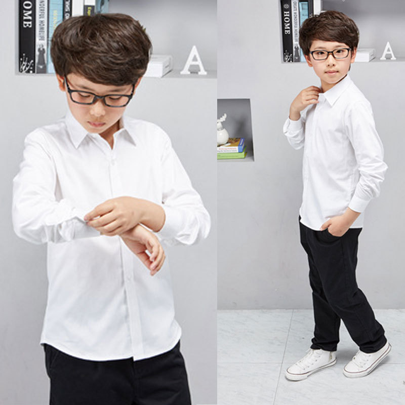 Picture of Boys' White Shirts, Kidsren's School Uniforms, Class Uniforms, Spring & Fall Long-Sleeved School Uniforms, Primary and Secondary School Students' White Shirts, Pure Cotton