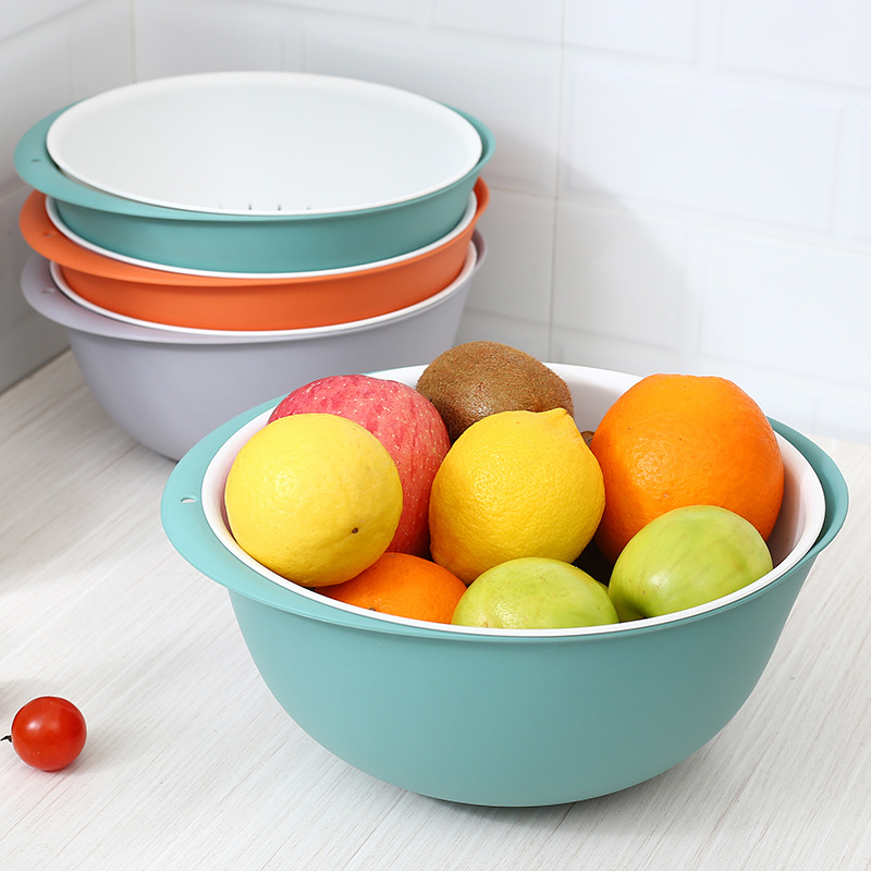 Picture of Double-layer vegetable washing basin draining basket rice washing basket four-piece set kitchen washing fruit plate living room household vegetable washing basin