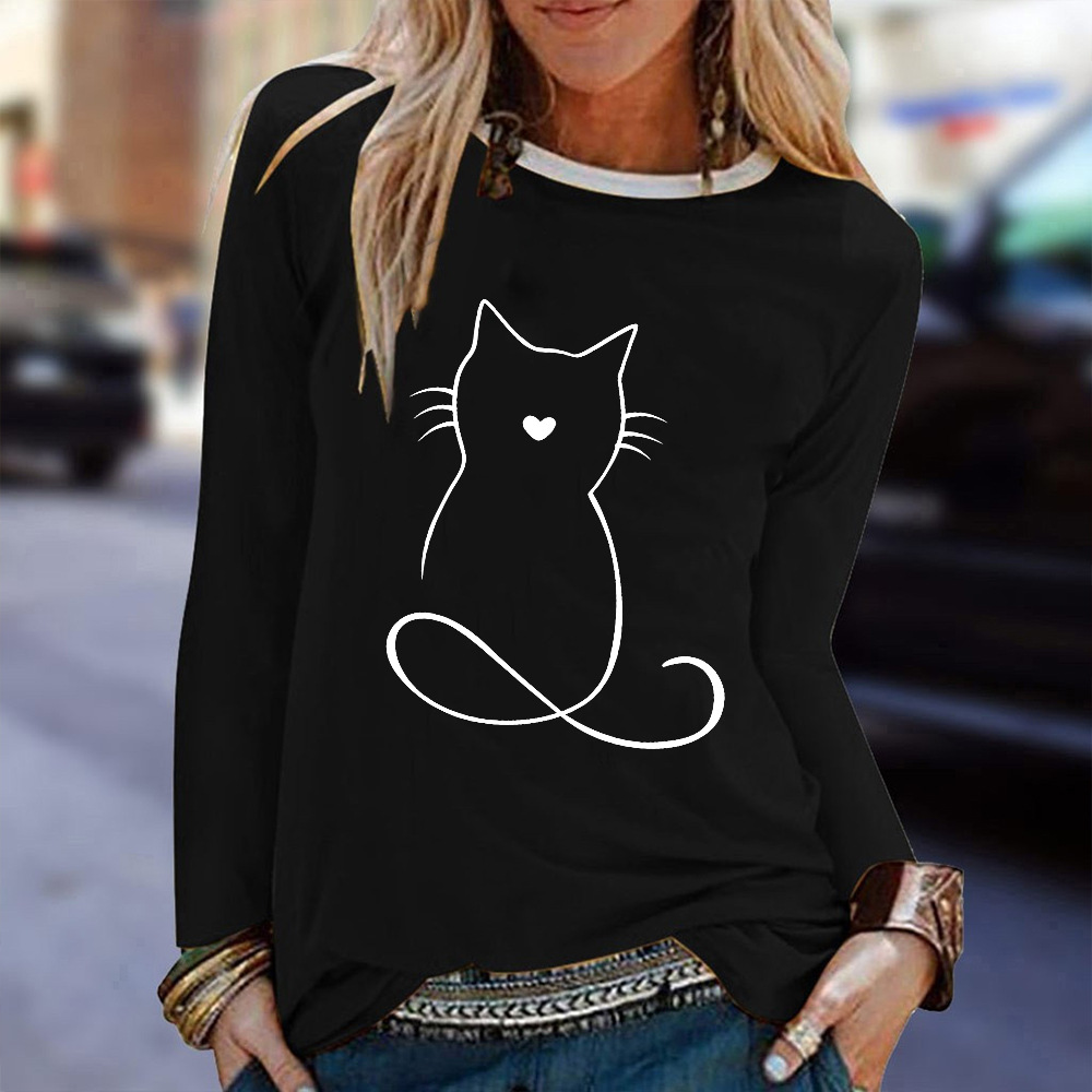 2021 cross-border autumn new women's round neck Meow back printed long sleeve T-shirt casual loose top