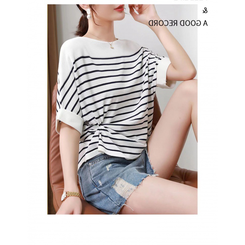 Picture of Women's all-match loose-fit striped bat-sleeve top comfortable pullover base shirt for summer
