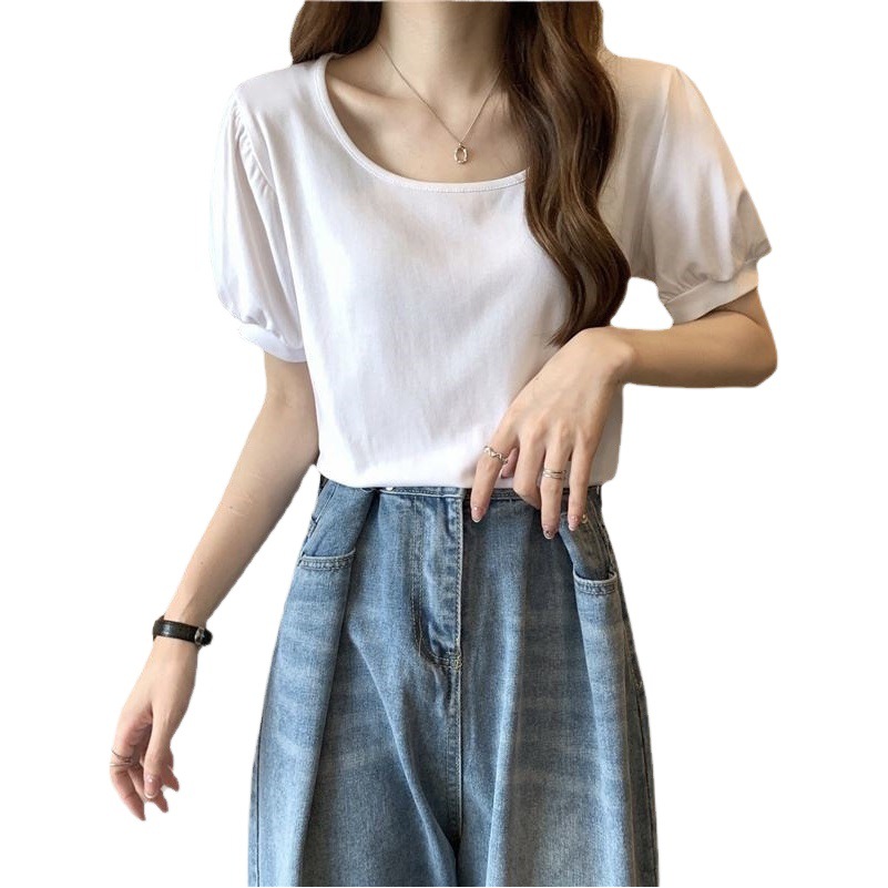 Puff Sleeve T-shirt Women's Summer 2023 New French Style Design Low Round Neck Slim-fit Slim-fit Short Sleeve Student Top