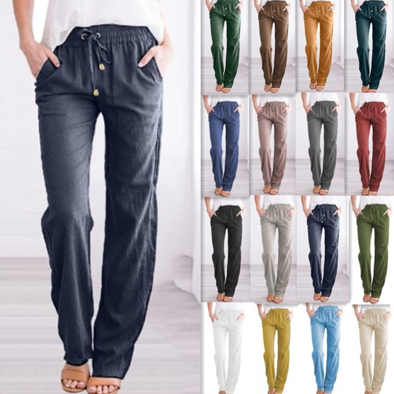 Picture of 2025 Cross-Border Ebay Amazon Wish Spring and Summer New Pure Color Cotton and Linen Loose Drawstring Casual Wide-Leg Pants for Women