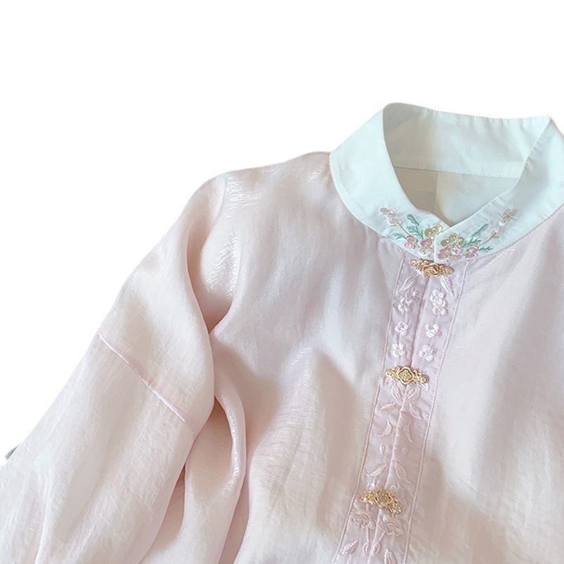 New Chinese Style Pink Embroidered Collar Long-sleeved Shirt Women's 2024 Spring National Style Gentle Sweet Elegant Lightweight Top