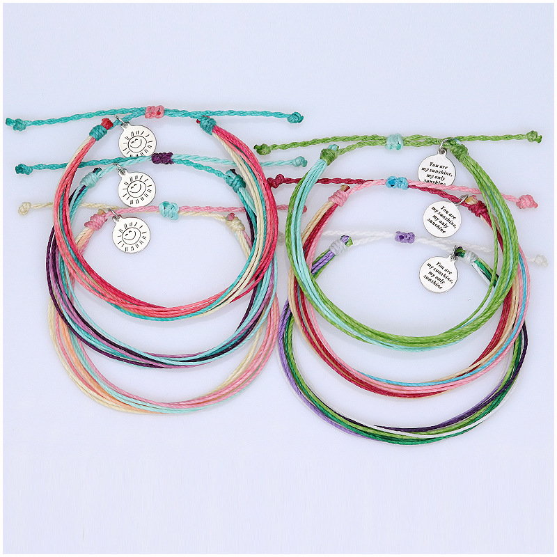 European and American Smiley Face Tag Bracelet South American Waterproof Wax Thread Braided Ins Style Sunshine Logo Bracelet