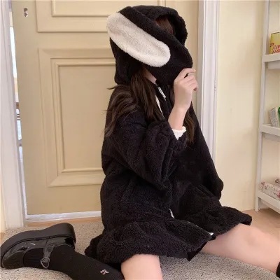 Picture of Winter soft girl cute fur ball rabbit ears hooded lotus leaf Border lamb wool thickened cotton-padded coat for students Female