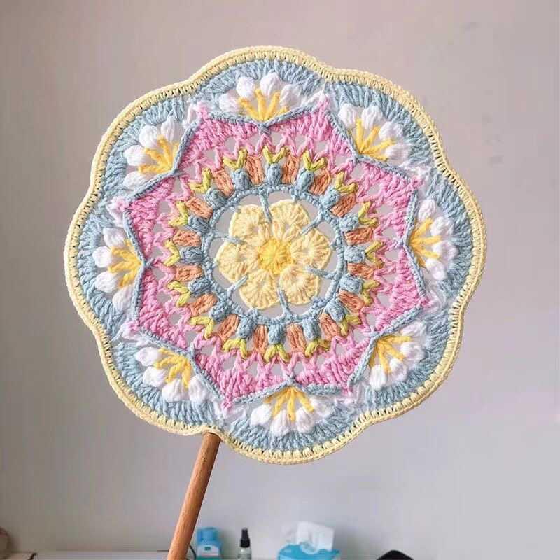 Woolen crochet ancient style fan material package hand-woven Chinese style Dunhuang pattern fan for girlfriends gifts