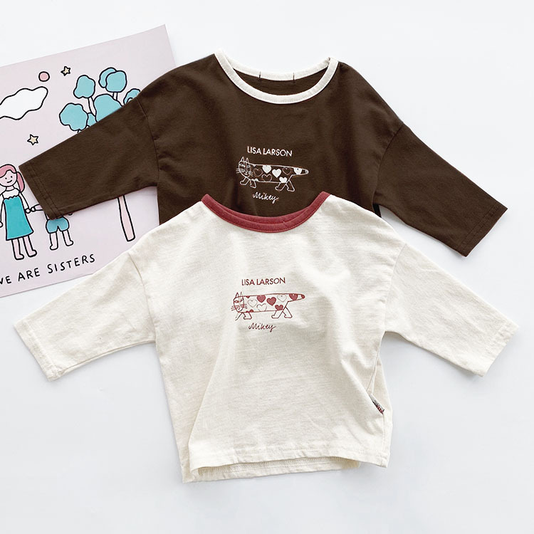 Picture of Children's Korean-style Autumn Children's Wear Top Ins Simple Color-matching Edge Lovely Long Cat Long-sleeved T-shirt for Boys and Girls