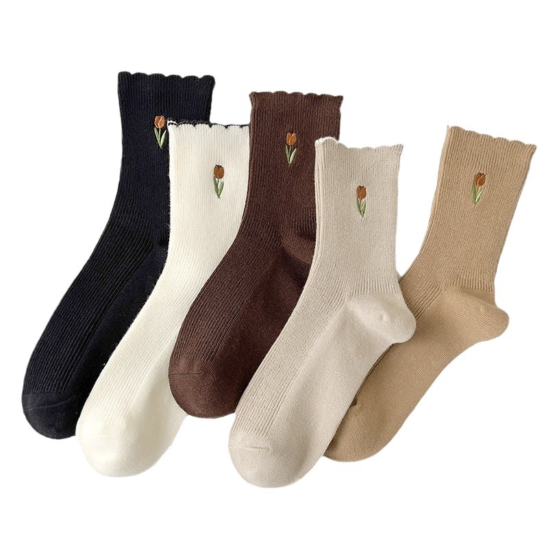 Japanese socks women's autumn and winter mid-calf length socks wholesale solid color lace tulip embroidered women's socks Maillard color cotton socks
