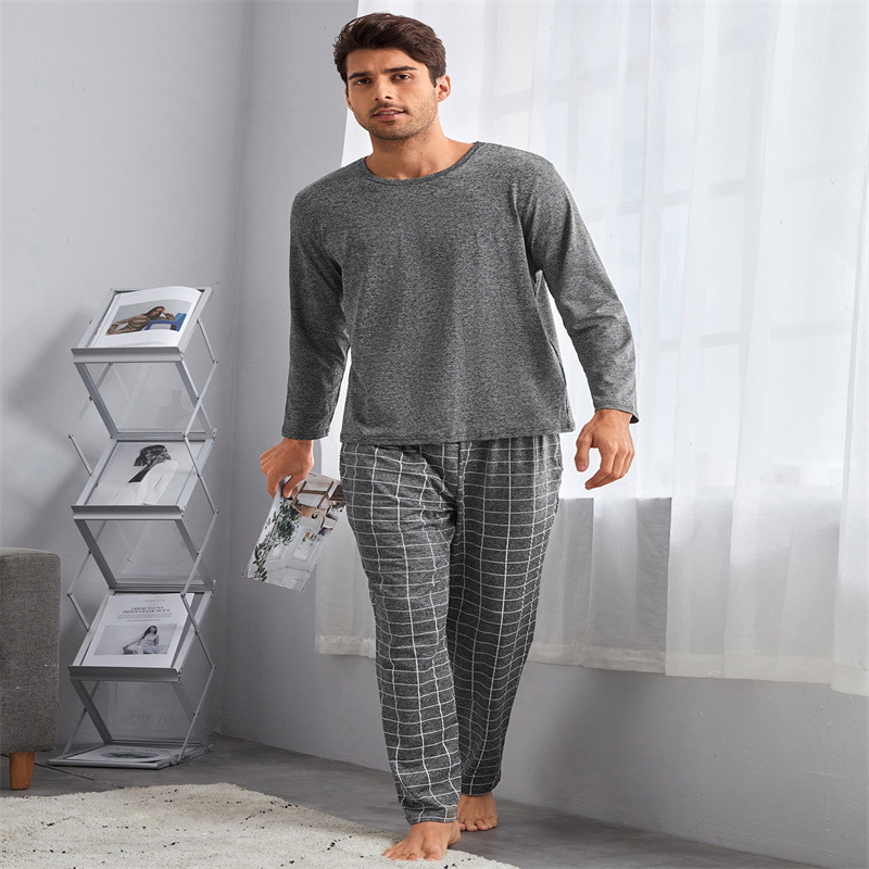 Cross-border Men's Home Wear suit Long-sleeved Pants Simple Casual Plaid Outer Wearing plus size Pajamas Pants Supply