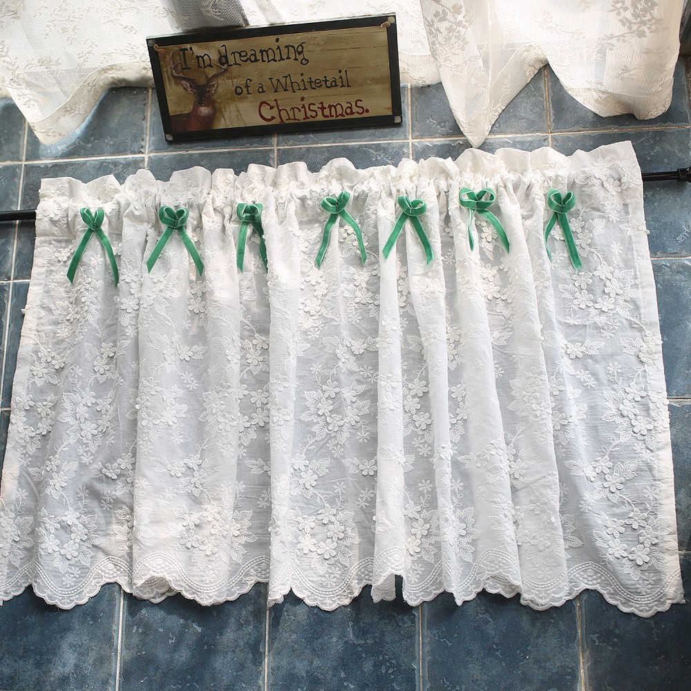 Picture of Nordic American Style British White Flower Embroidered Half Curtain Wearing Rod Curtain Mantle Head Cabinet Door Curtain Punch-free Cabinet Curtain Curtain
