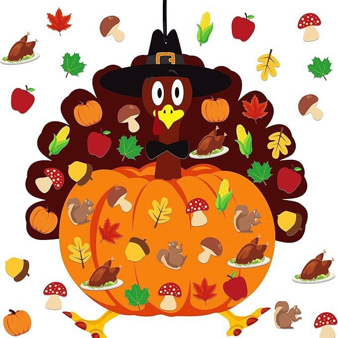 Thanksgiving Turkey Pumpkin Felt Set 34 Pieces Detachable Autumn Maple Leaf Squirrel Pine Cone Corn DIY Craft