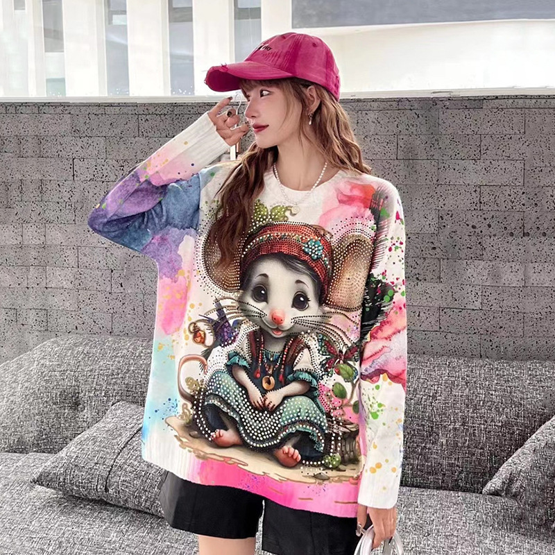 2024 Autumn and Winter New Heavy Industry Hot Drilling Tie-Dyeing Cartoon Sweater Women's Loose Fashion Top European Belly Covering Sweater