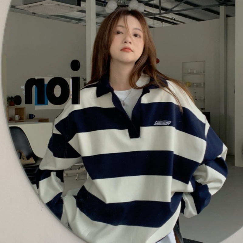 Early Autumn New Sports Style Contrast Color Striped Polo Collar Foreign Trade Sweatshirt Women's Loose Profile Casual Slimming Top Women